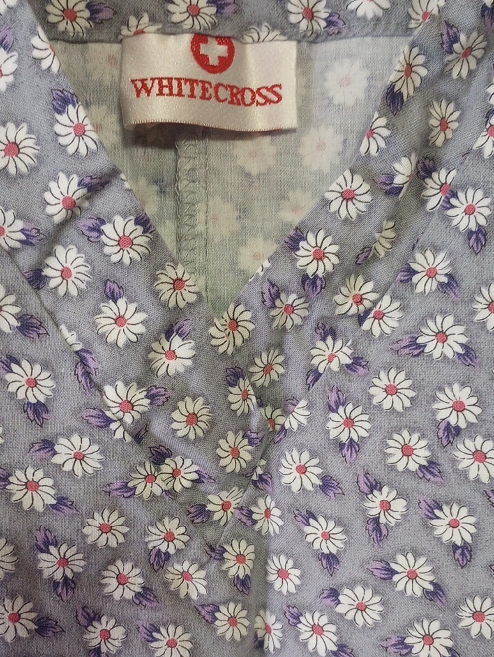 White Cross Gray Floral Cotton Scrub Uniform Top w/ White, Red & Purple, Sz Med